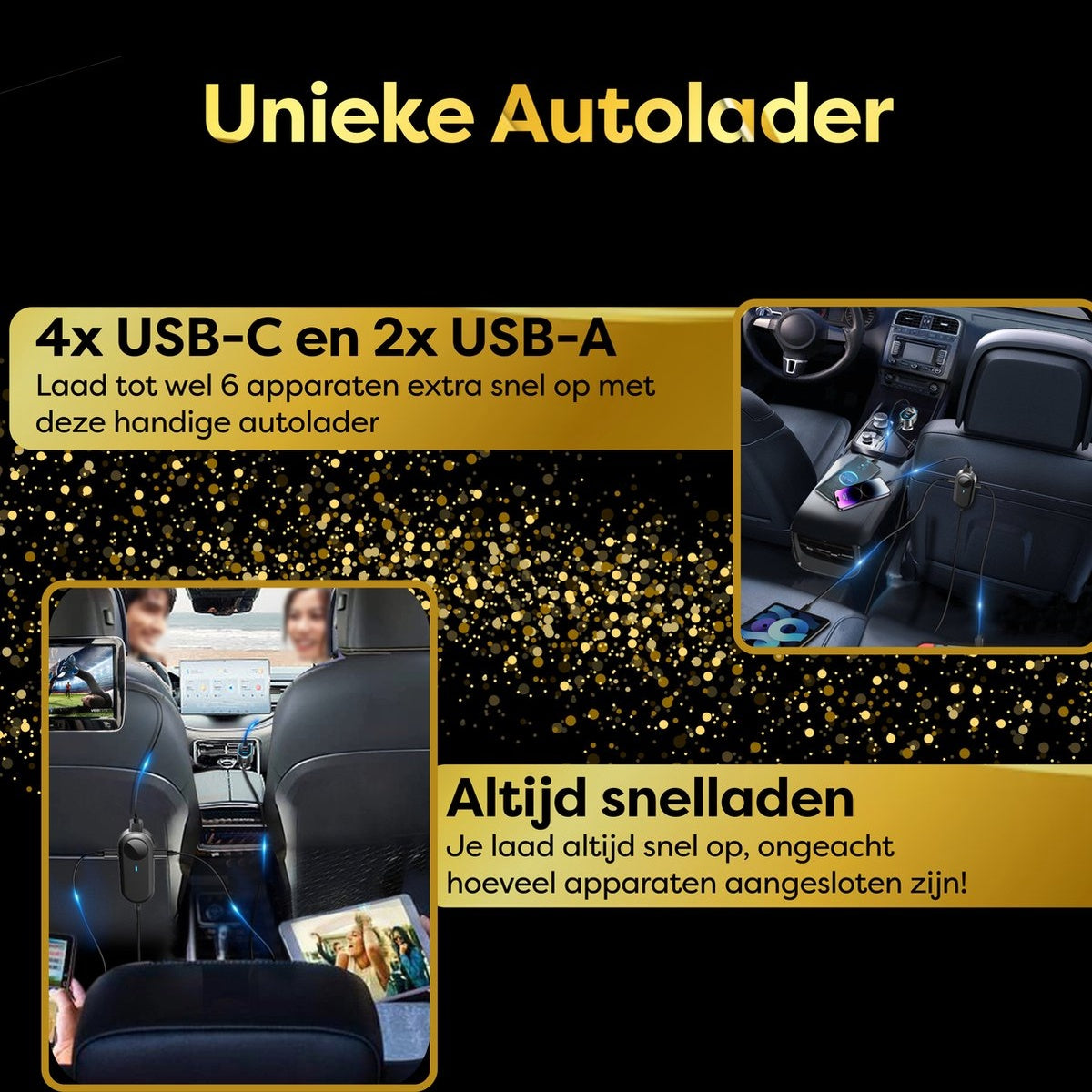 A car interior with a car charger in use. Shows multiple devices charging simultaneously.