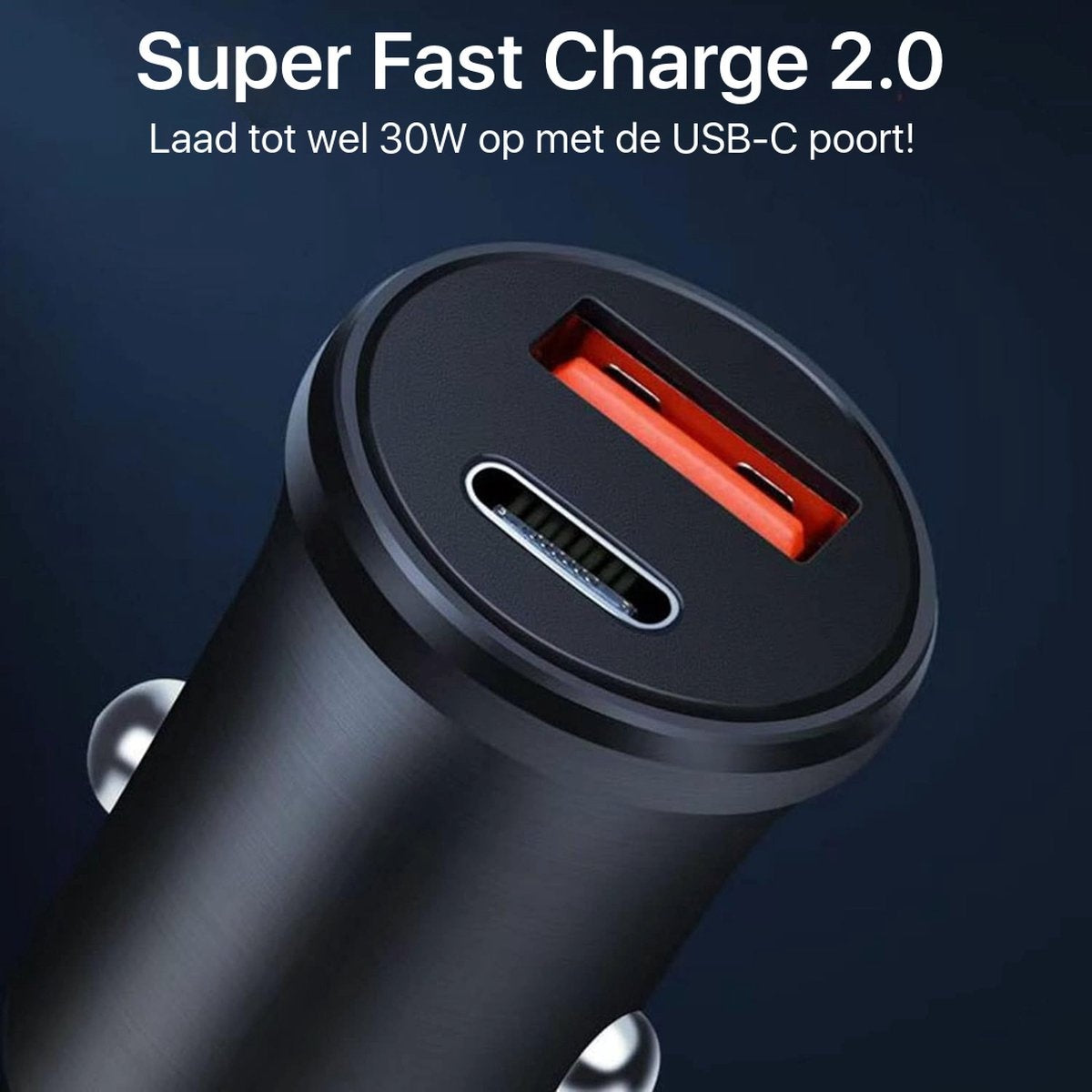 Black car charger with two USB ports, one orange, one grey. Text says Super Fast Charge.