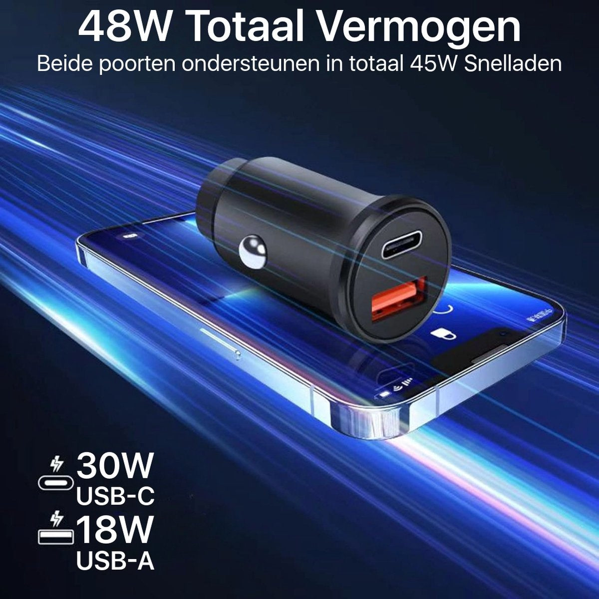 Car charger on a phone with USB-C and USB-A ports. Text indicates total power output and charging speeds.