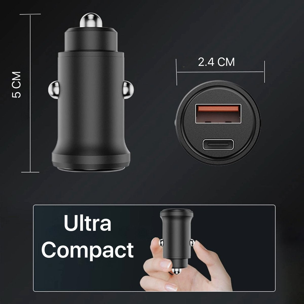 Black car charger with two ports, dimensions marked. The top shows a USB port and a USB-C port.