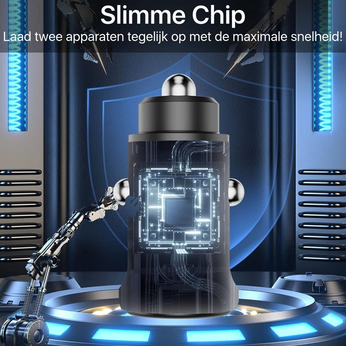 Car charger with two ports, black. Text shows a diagram of internal circuits, and a hand holding the charger.