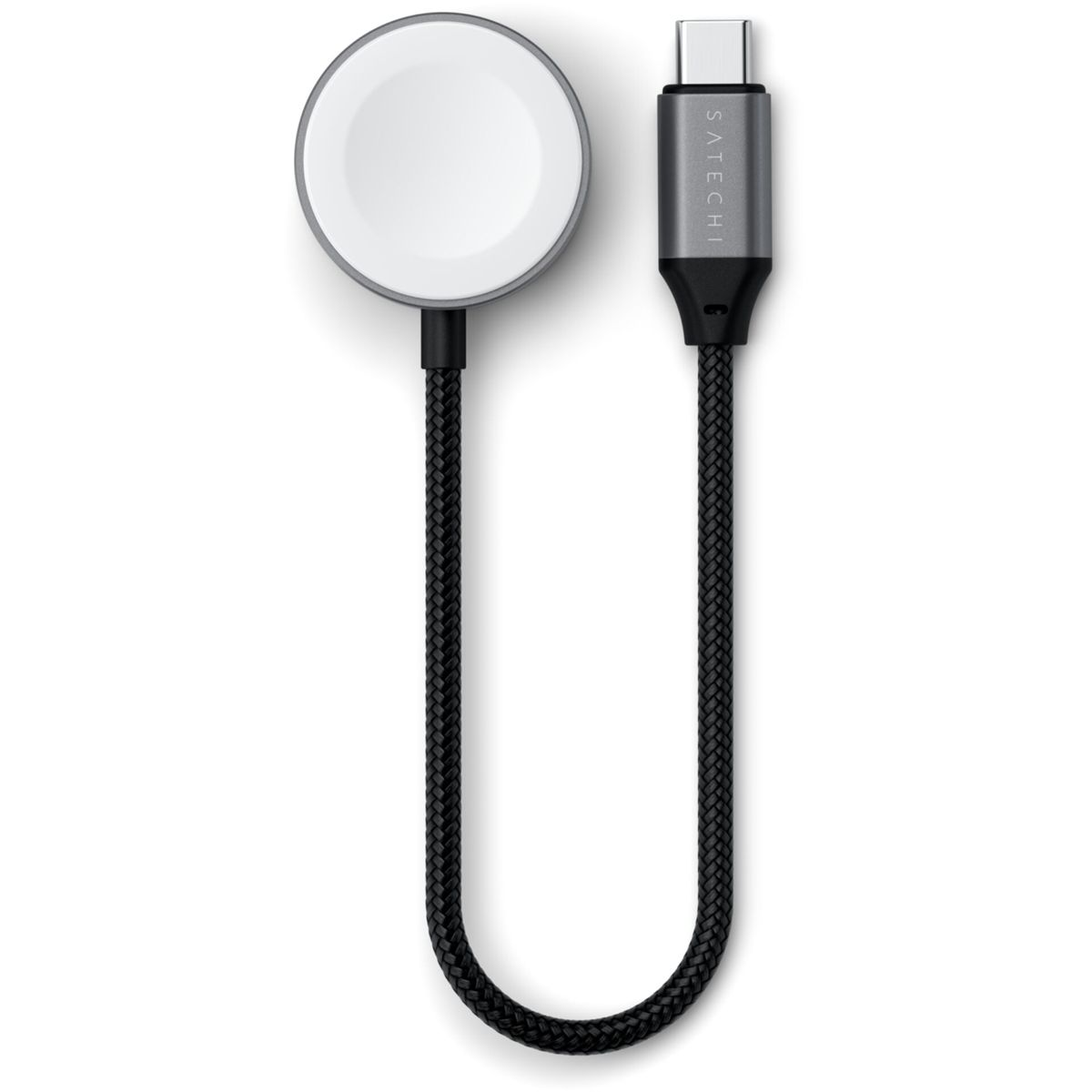 Un caricabatterie grigio per Apple Watch con superficie di ricarica bianca, cavo nero intrecciato e connettore USB-C.