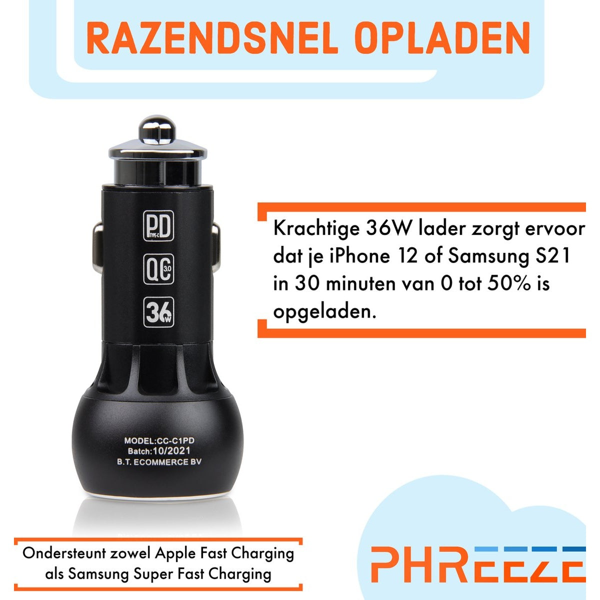 Black car charger with text and images. The text highlights fast charging capabilities for Apple and Samsung.
