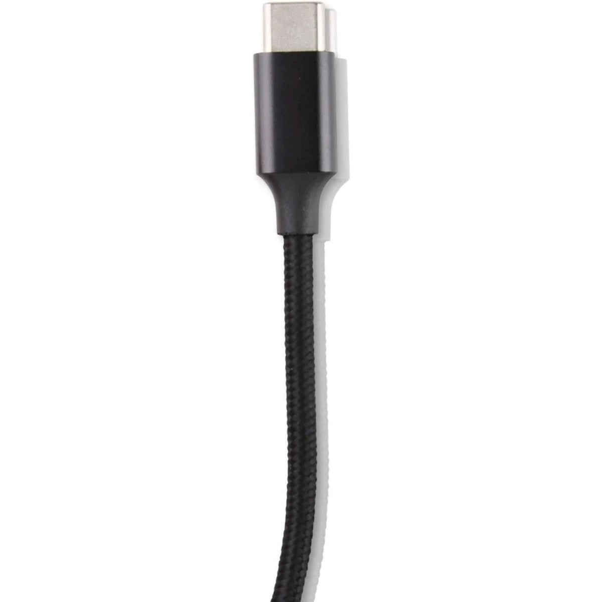 Close-up of a black USB-C cable. The cable is braided and has a black connector at the top.