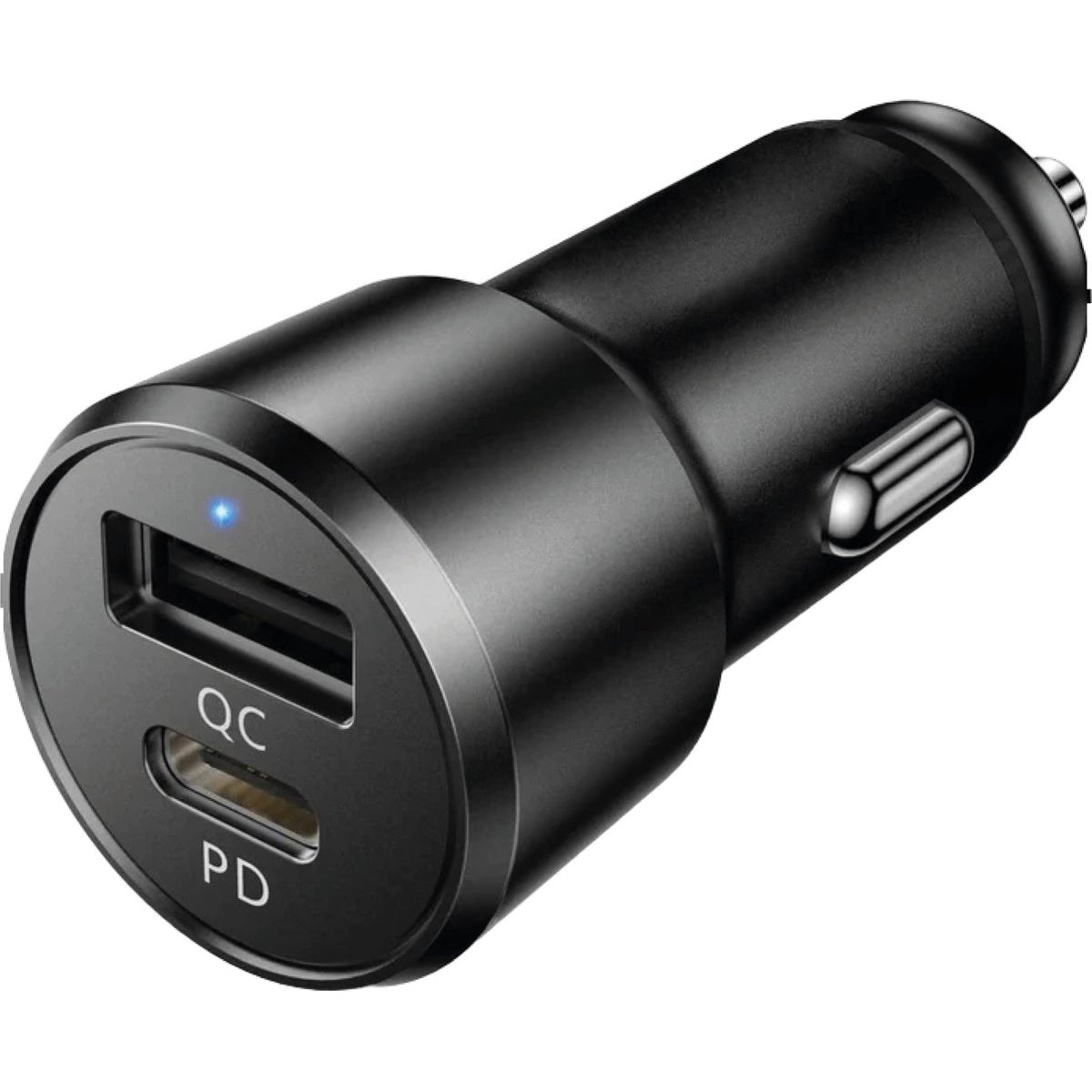 A black car charger with QC and PD labels, and a blue light indicating it is on. The charger has two USB ports.