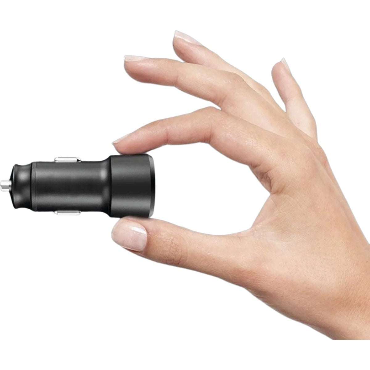 A person's hand holding a black car charger. The charger is compact and cylindrical, and the background is plain white.