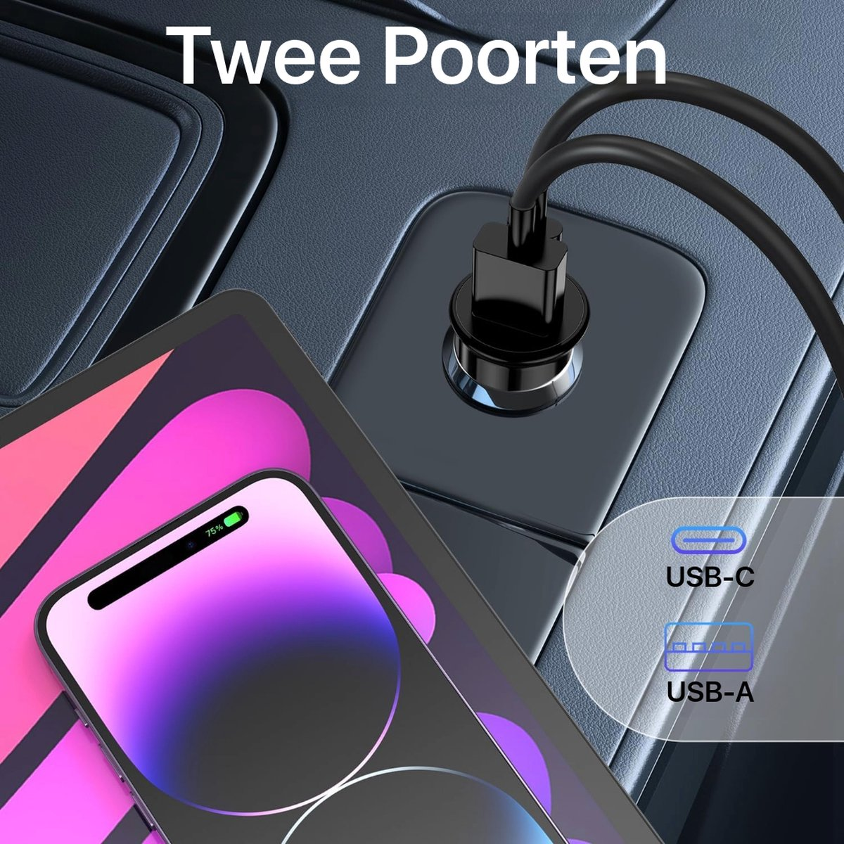 A tablet and phone charging with a black charger, with USB-C and USB-A ports.