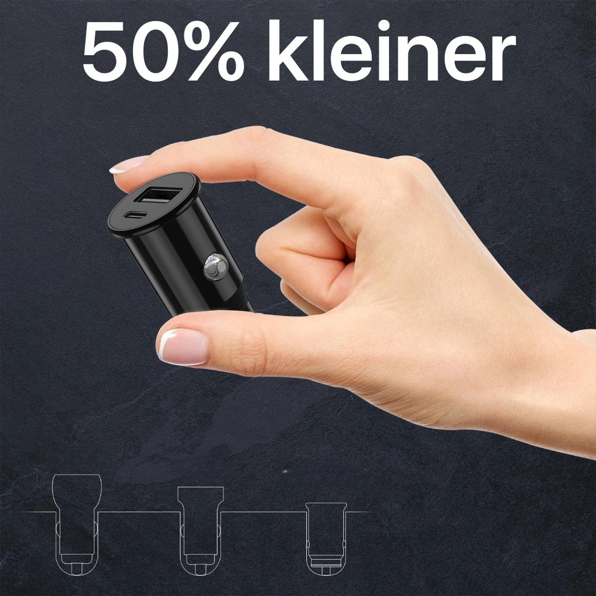 Hand holding a black car charger, with text '50% kleiner' above.