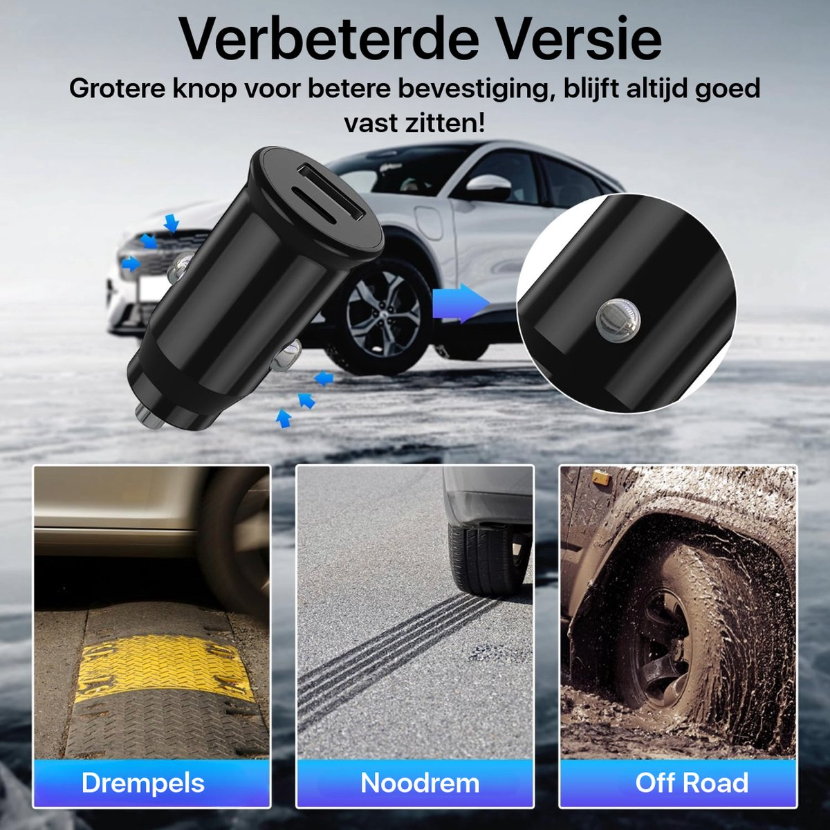 A black car charger with two USB ports and images demonstrating its use in various driving scenarios.
