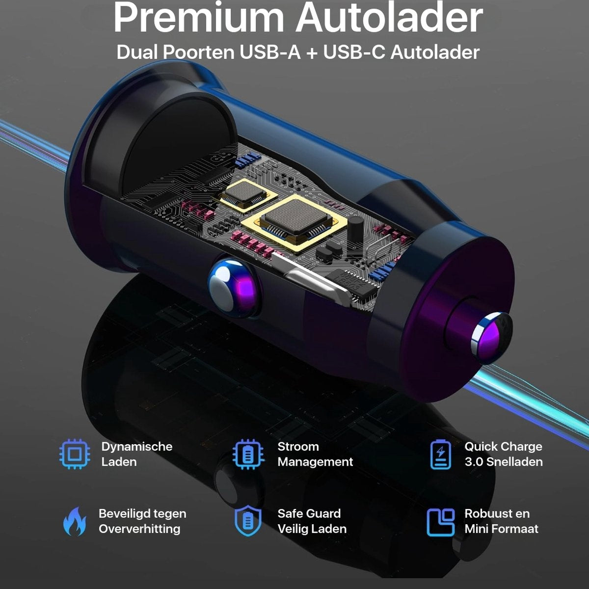 A black and purple car charger with multiple features and icons, showing its internal components.