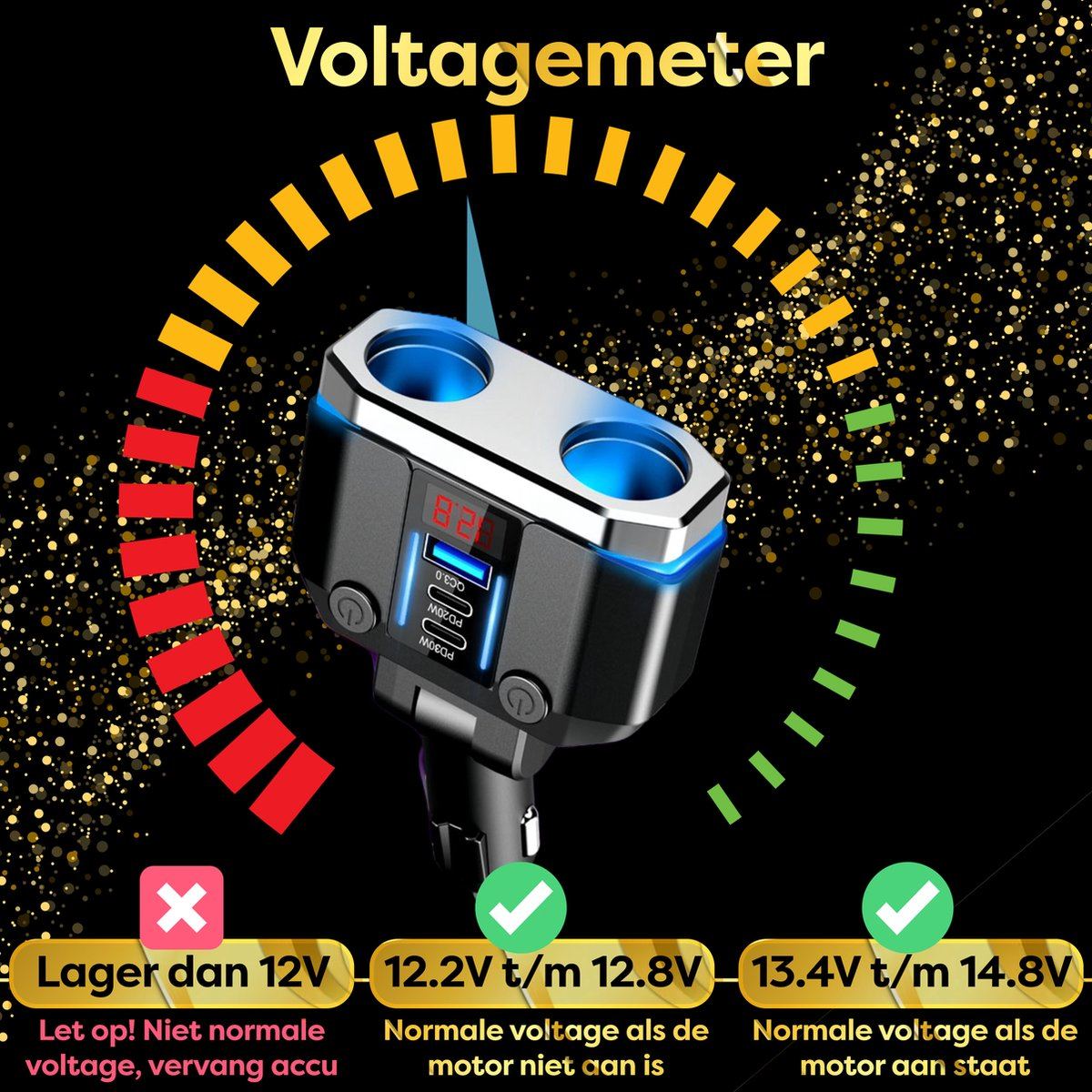 A car charger with a voltage meter, showing voltage readings with green and red indicators.