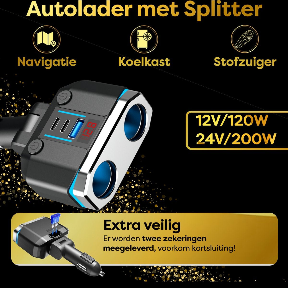 Car charger with multiple ports, features information icons, and a section highlighting safety.