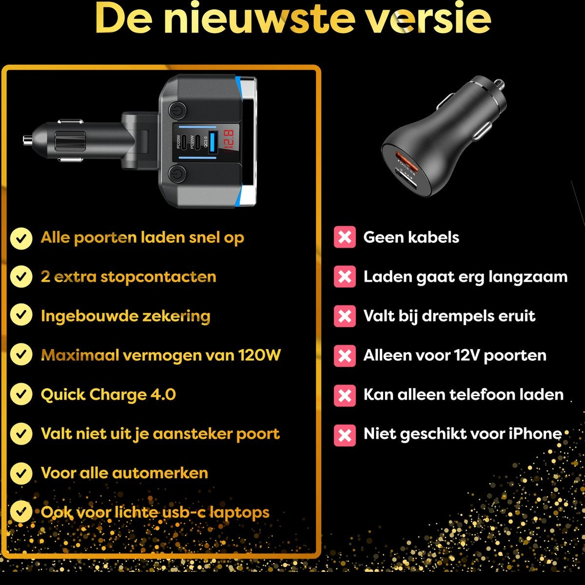 A diagram showing features of a car charger, including advantages and disadvantages in Dutch.