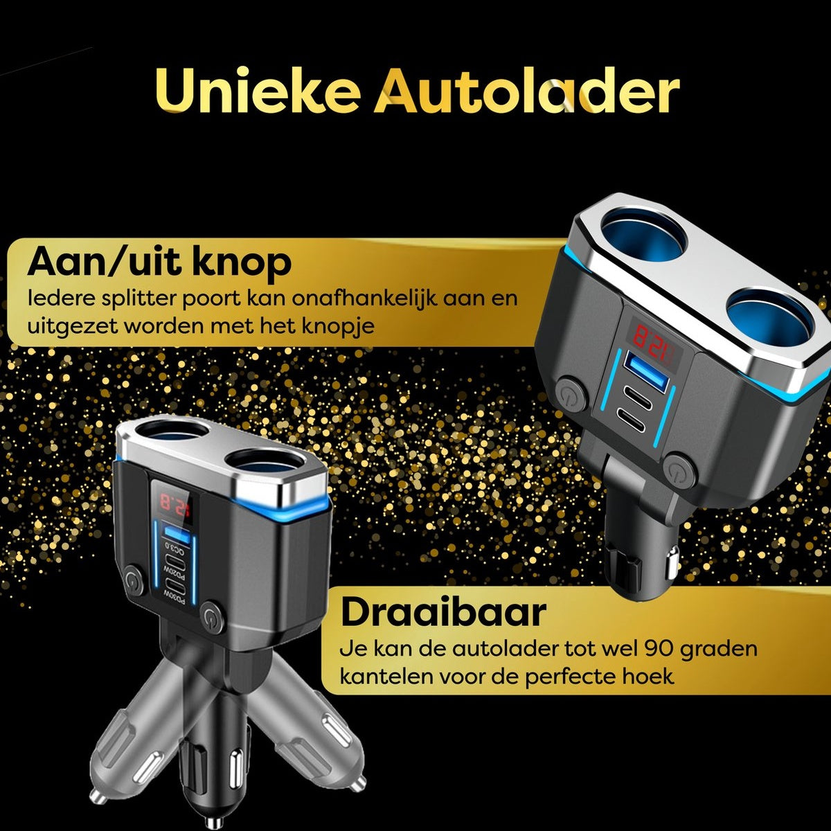 Car charger with multiple ports, a digital display, and text highlighting unique features.