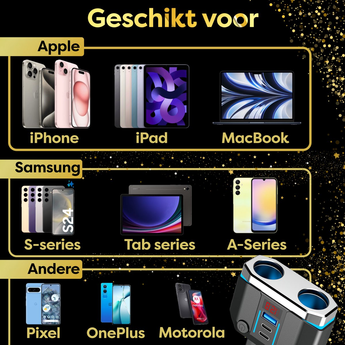 A diagram showing the types of devices a car charger is compatible with, including Apple and Samsung.