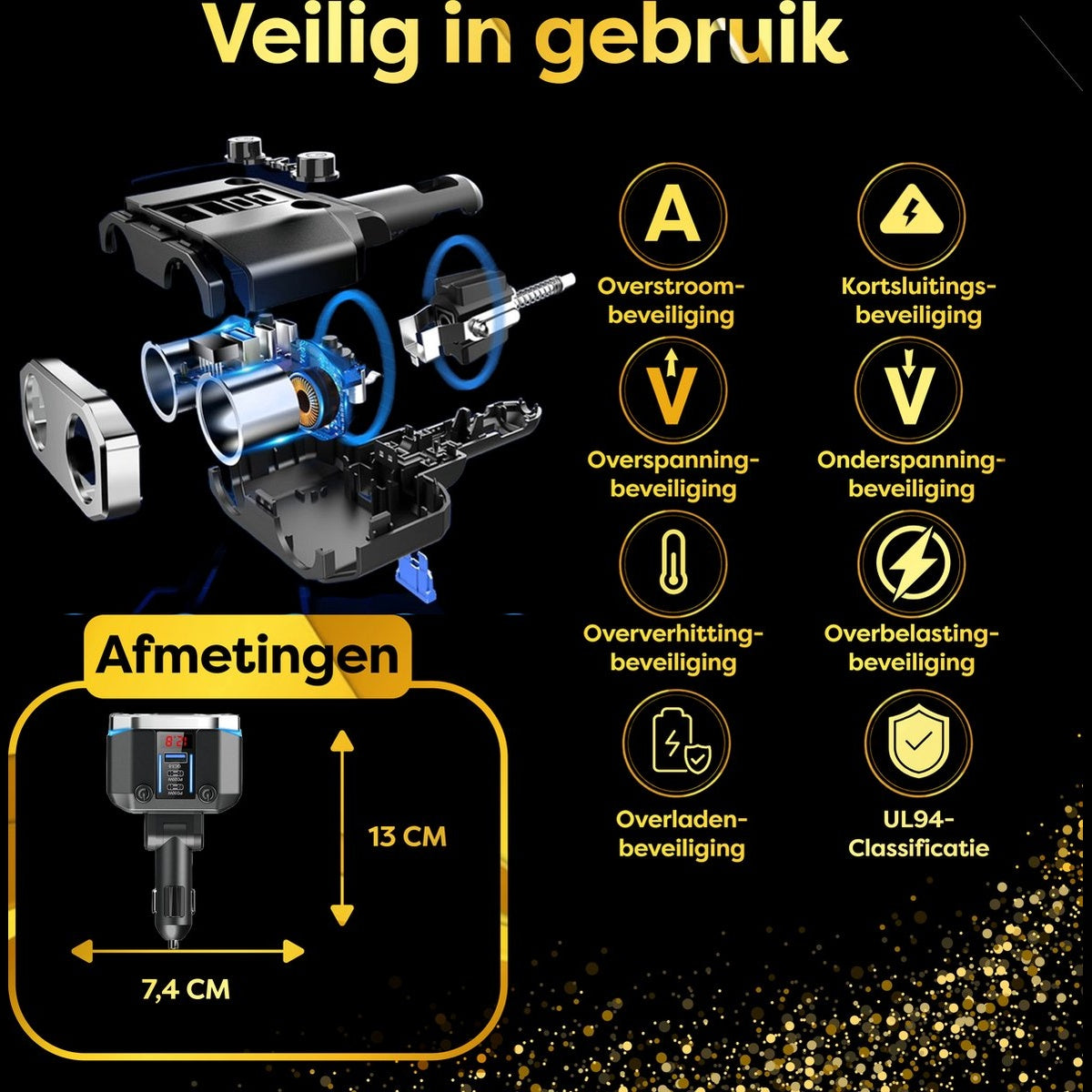 Diagram showing components of a car charger, highlighting safety features with icons and text.