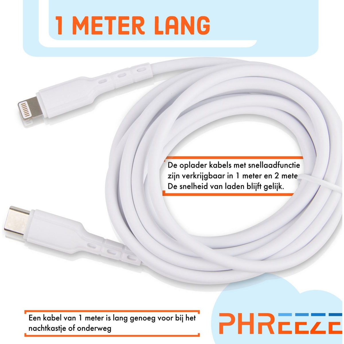 White charging cable with connectors at both ends, with text describing its length and features.