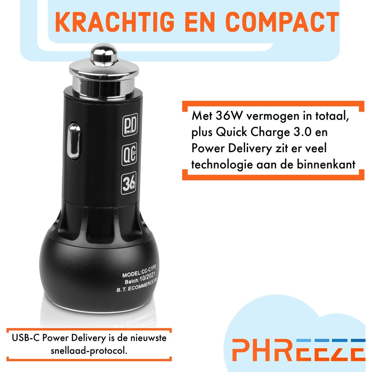 Black car charger with USB and USB-C ports. Text: PD, QC 3.0, 36W.