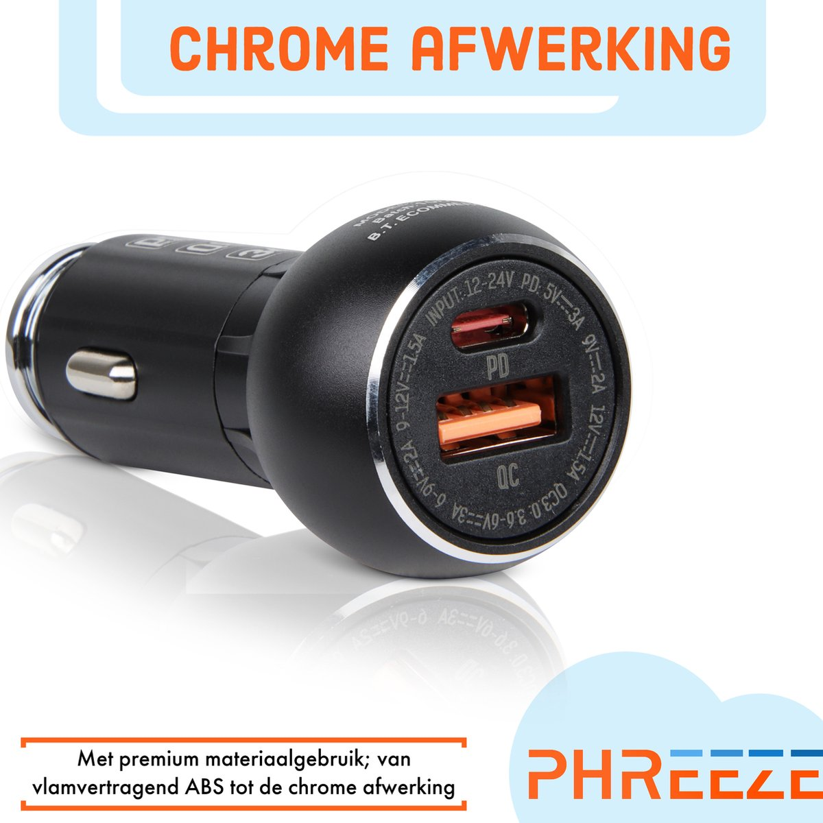 Black car charger with two ports and chrome finish, with text detailing its materials.