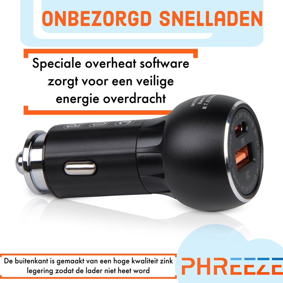 Black car charger with text emphasizing safe energy transfer and high-quality zinc alloy.