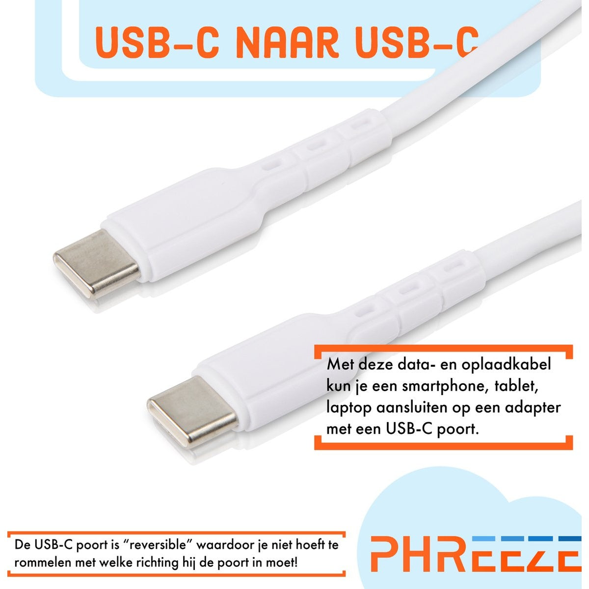 Twee witte USB-C kabels, connectoren zichtbaar. Nederlandse tekst beschrijft het gebruik van de kabel.