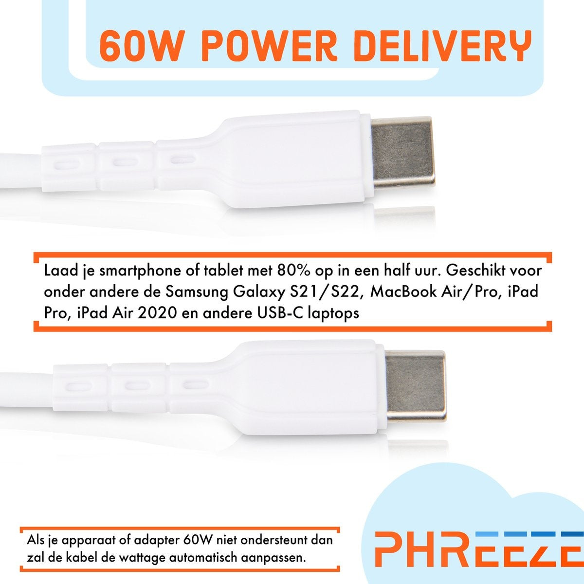 Two white USB-C cables with connectors. Text in Dutch mentions fast charging and compatibility.