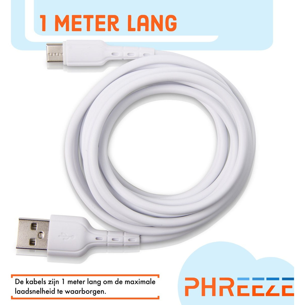 White USB cable. Text: 1 meter long, for maximum charging speed.