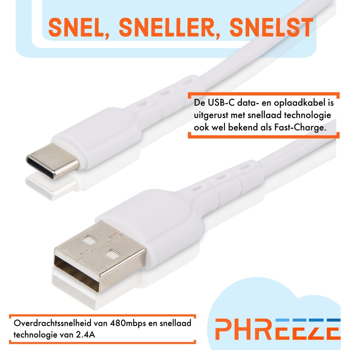USB-C cable with USB-A connector. Dutch text states the cable has fast charge technology.