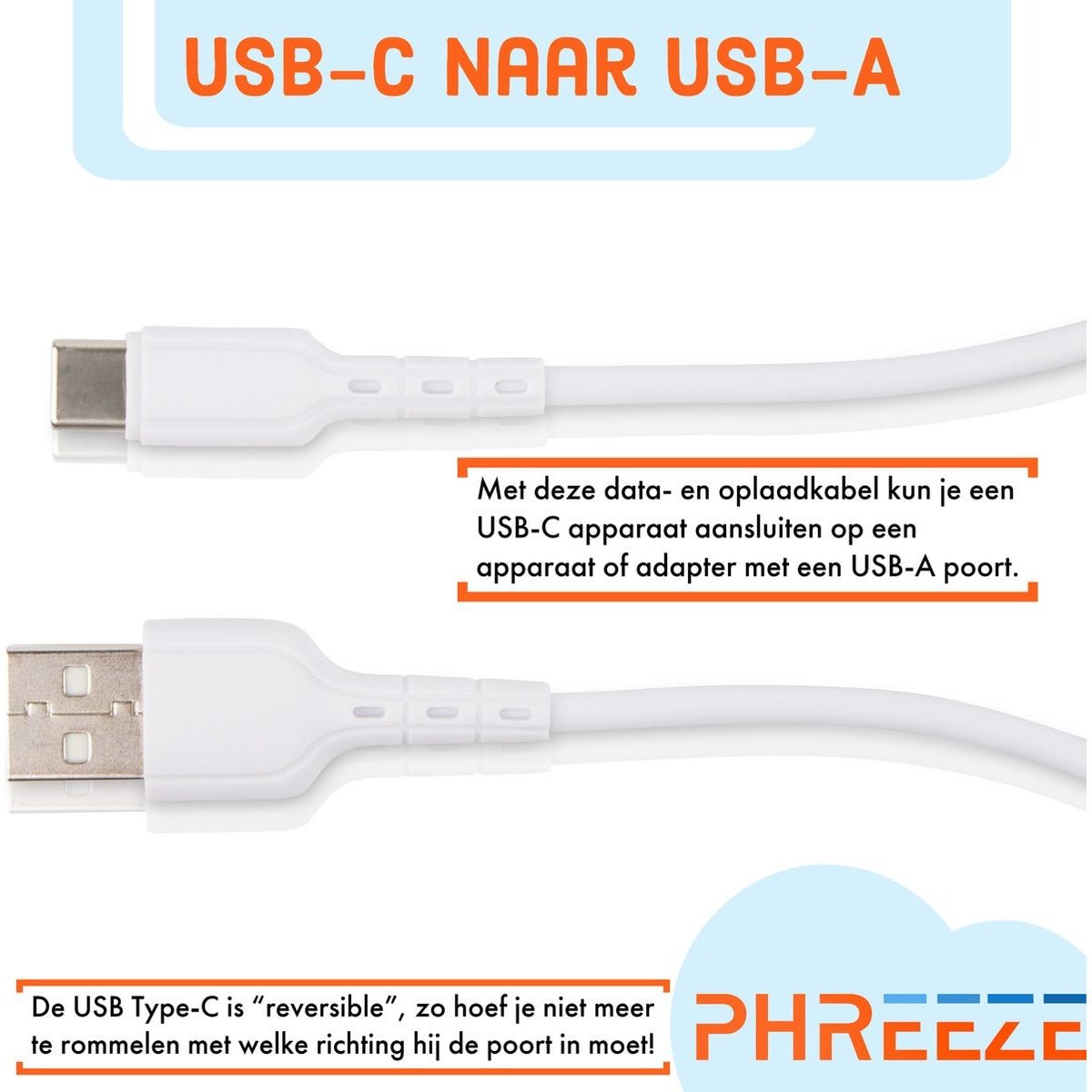 White USB cables. Text: USB-C to USB-A. Connect USB-C device to USB-A port.