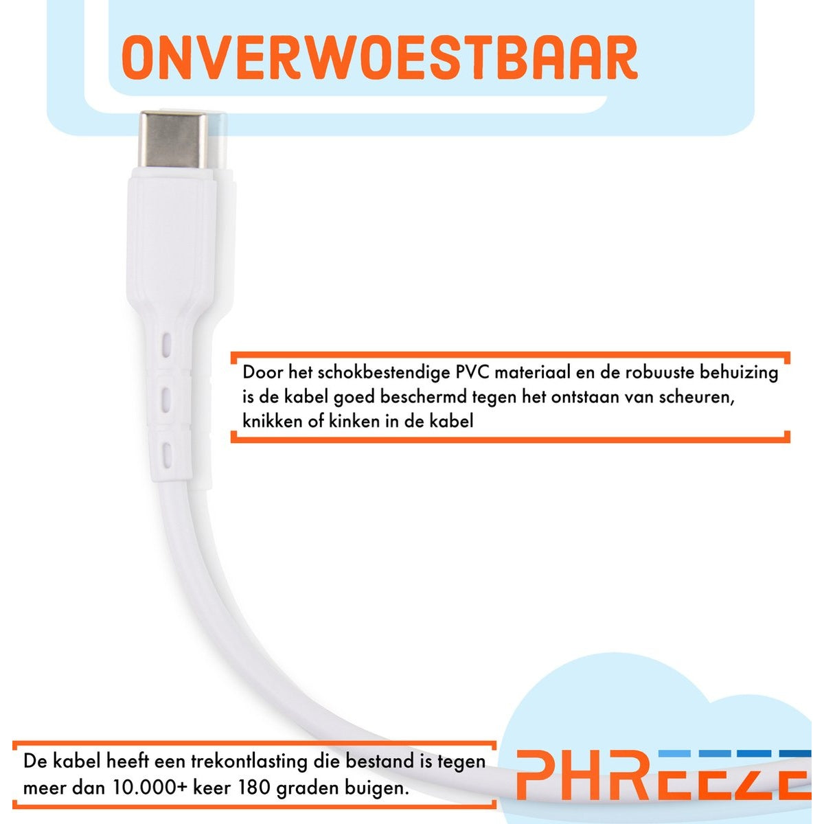White USB-C cable with connector. Dutch text describes the cable's durable PVC and bend resistance.