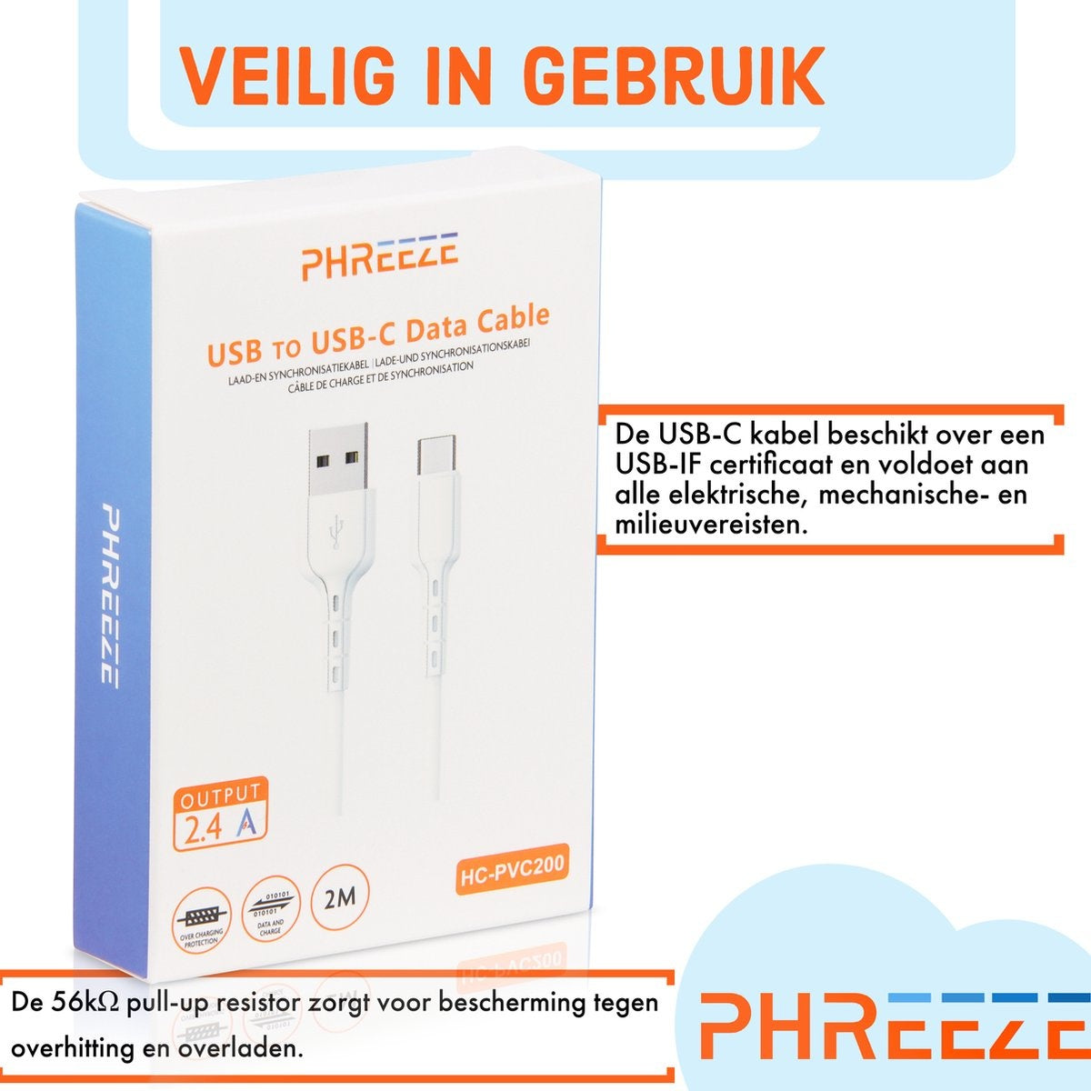 A white USB-C to USB-A data cable box. Dutch text about USB-IF certificate and safety features.