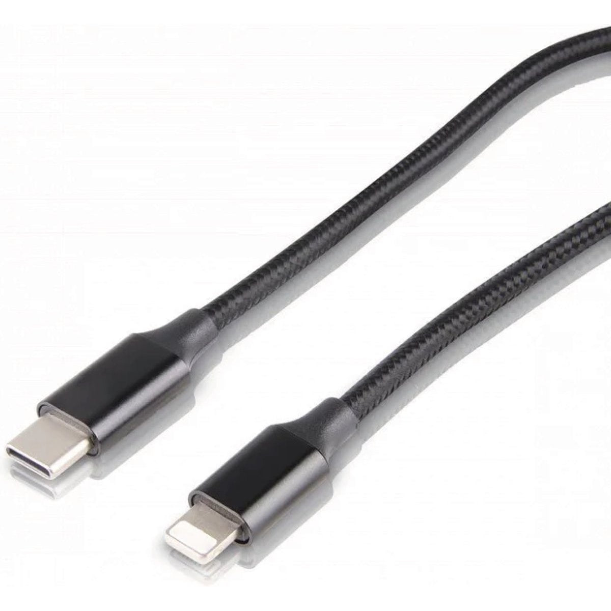 A black braided USB-C to Lightning cable. Connectors at each end are visible.