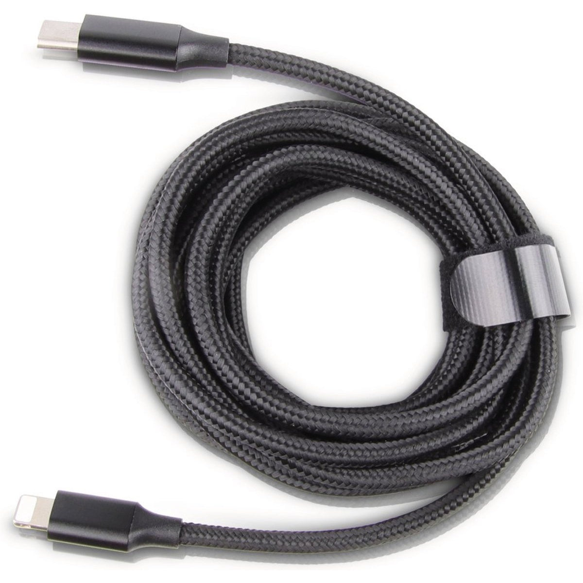 A black, braided USB-C to Lightning cable coiled up. A velcro strap holds the coil.