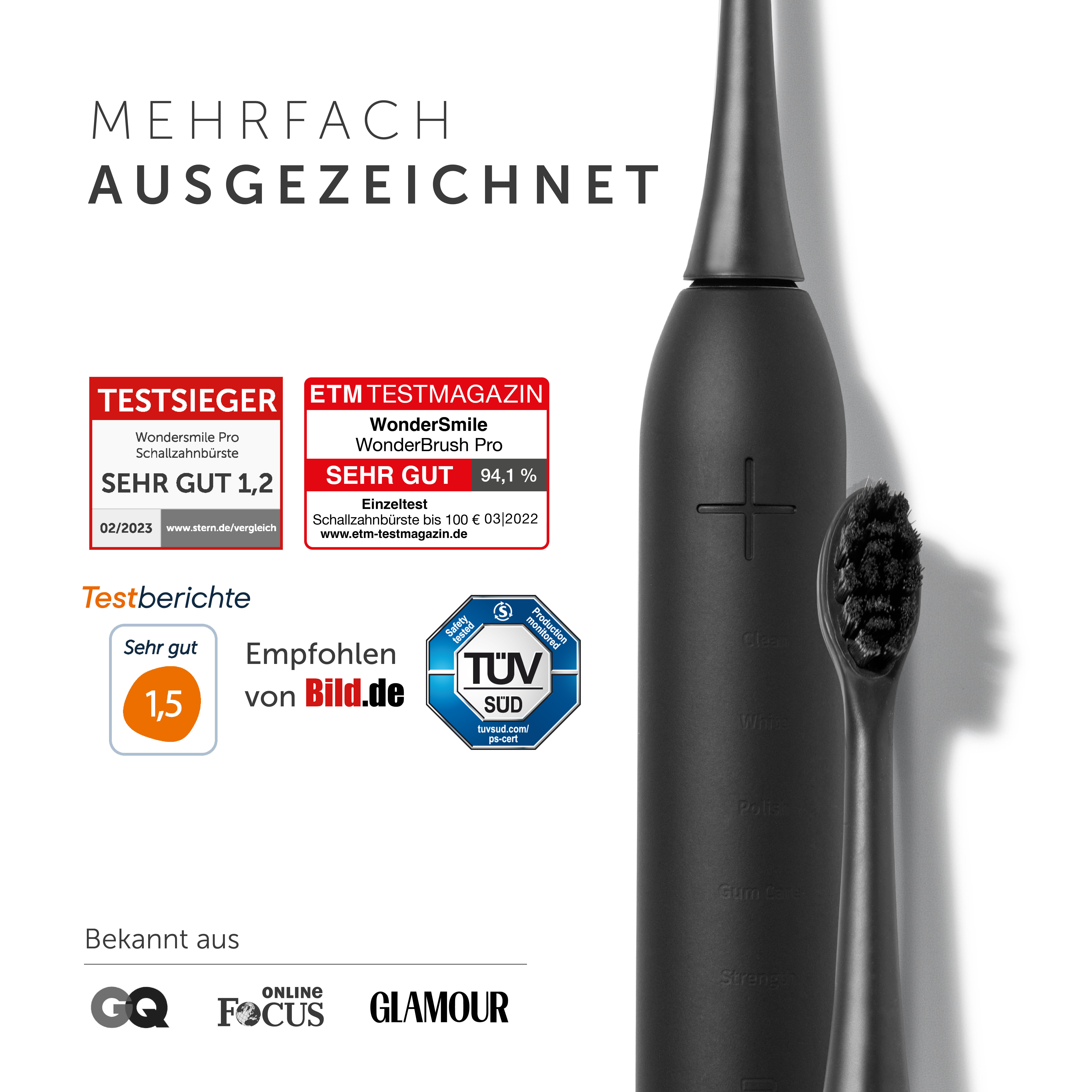 Eine schwarze elektrische Zahnbürste mit schwarzem Bürstenkopf. Testergebnisse werden gezeigt.