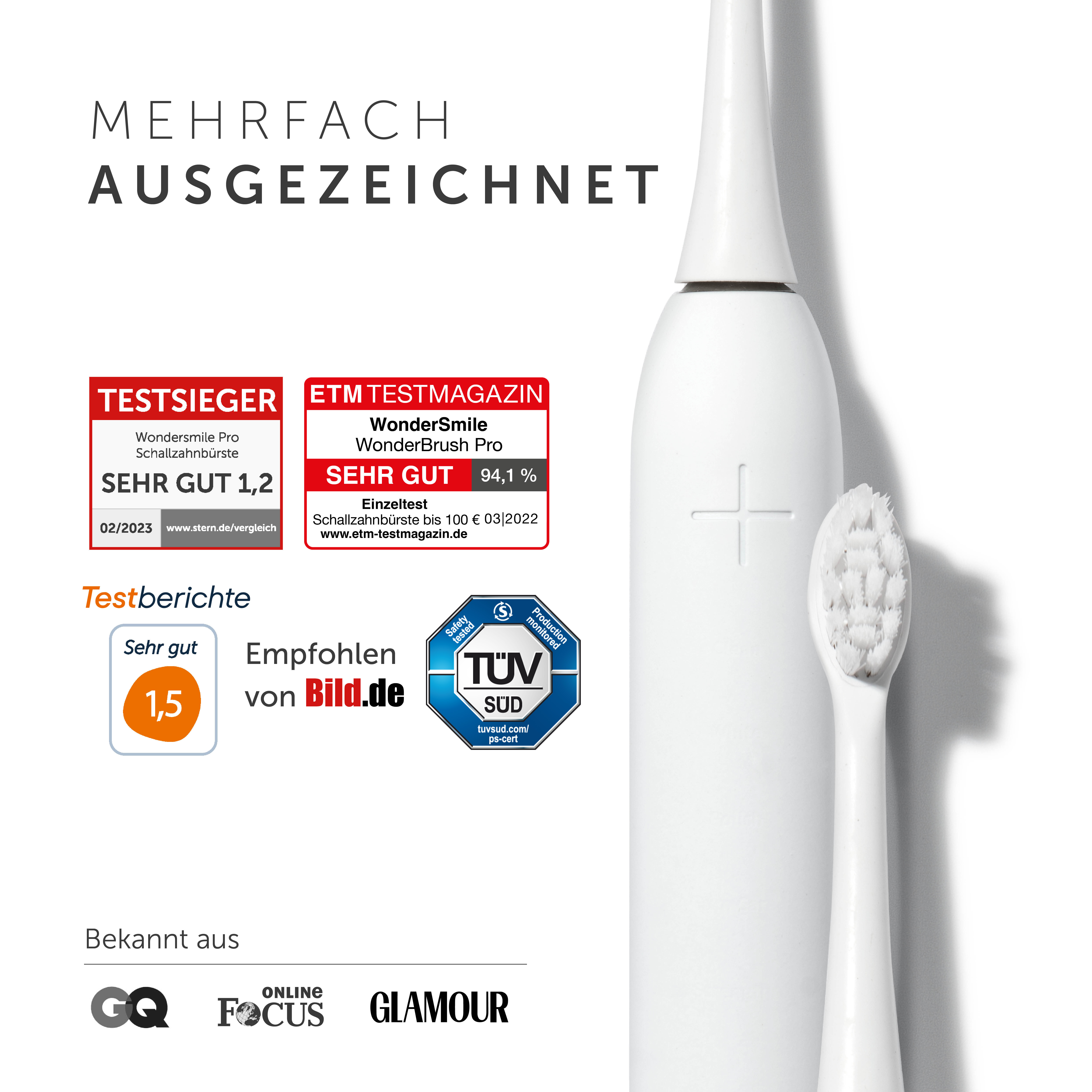 Eine weiße elektrische Zahnbürste mit weißem Bürstenkopf. Testergebnisse werden angezeigt.