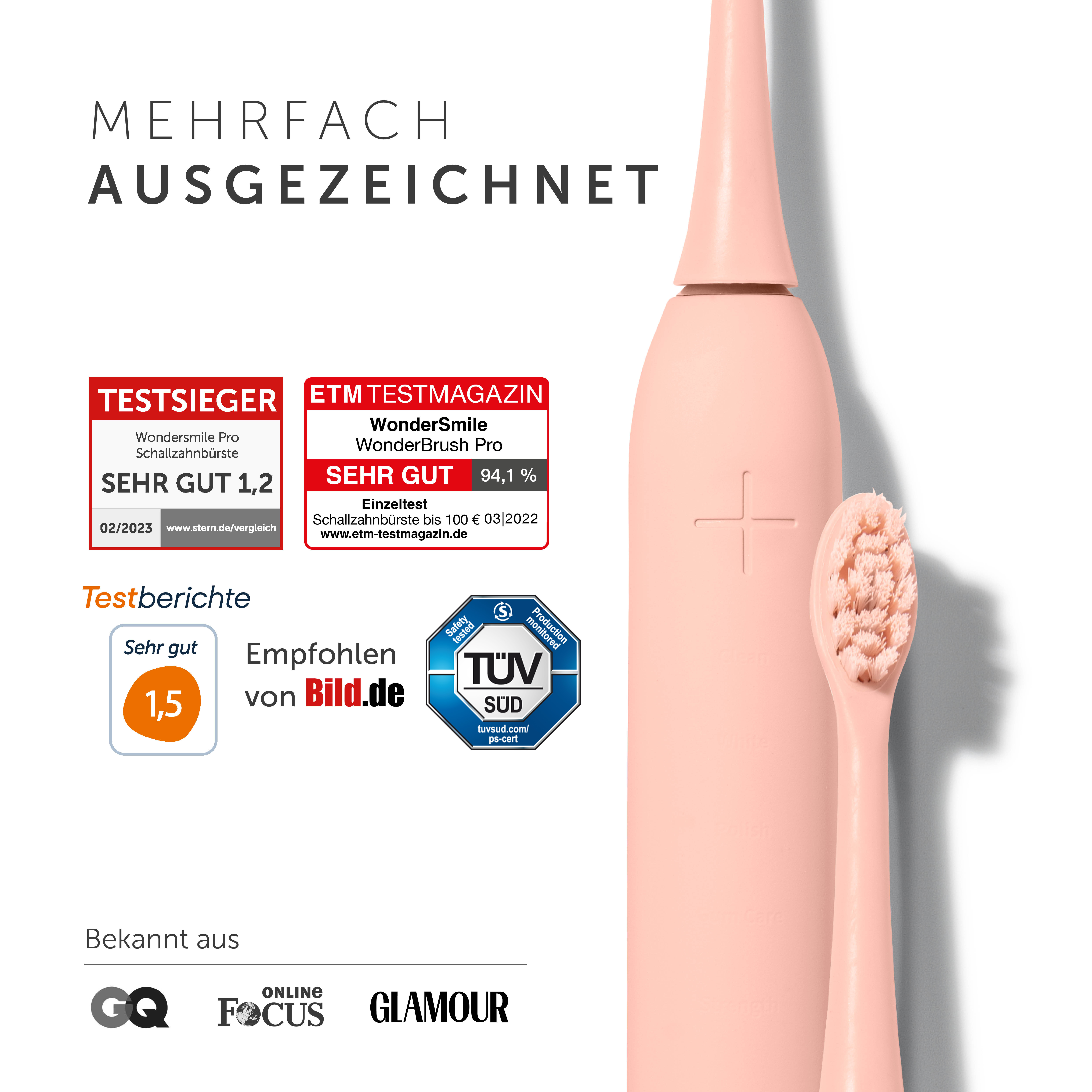 Eine rosa elektrische Zahnbürste mit rosafarbenem Bürstenkopf. Testergebnisse werden angezeigt.
