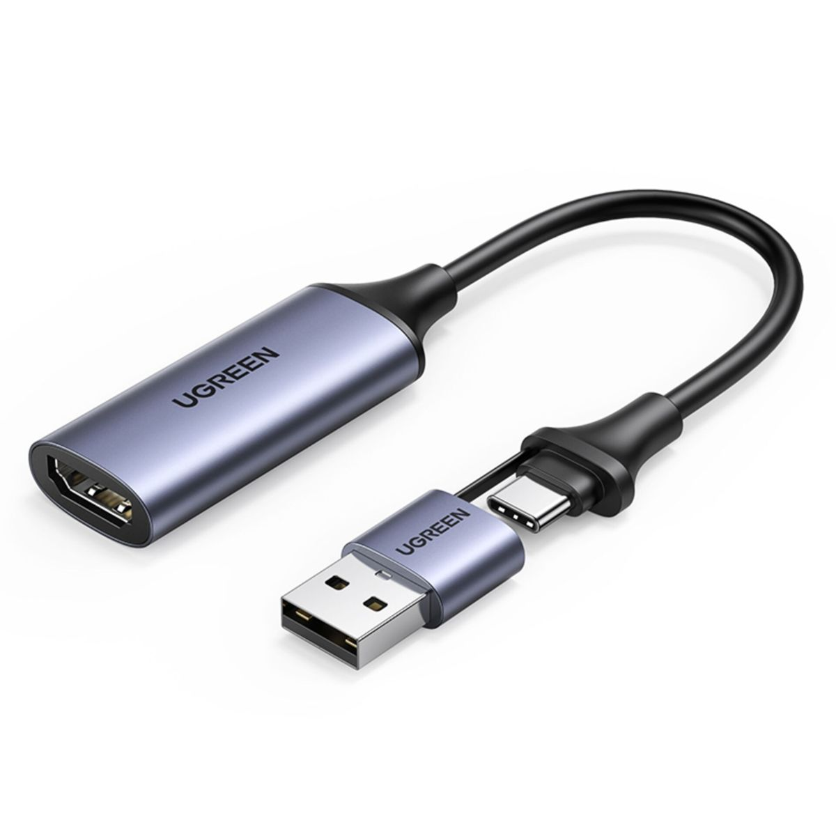 Ein UGREEN Adapter, ein blaues HDMI-zu-USB-C- und USB-A-Anschlusskabel.