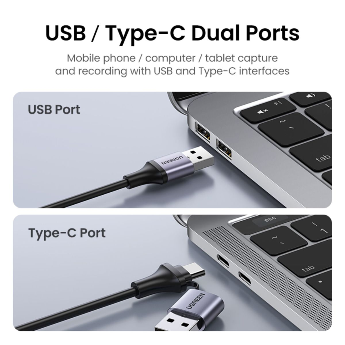 Zwei Bilder, die USB- und Typ-C-Anschlüsse und -Anschlüsse mit UGREEN-Branding zeigen. Silberne und schwarze Kabel.