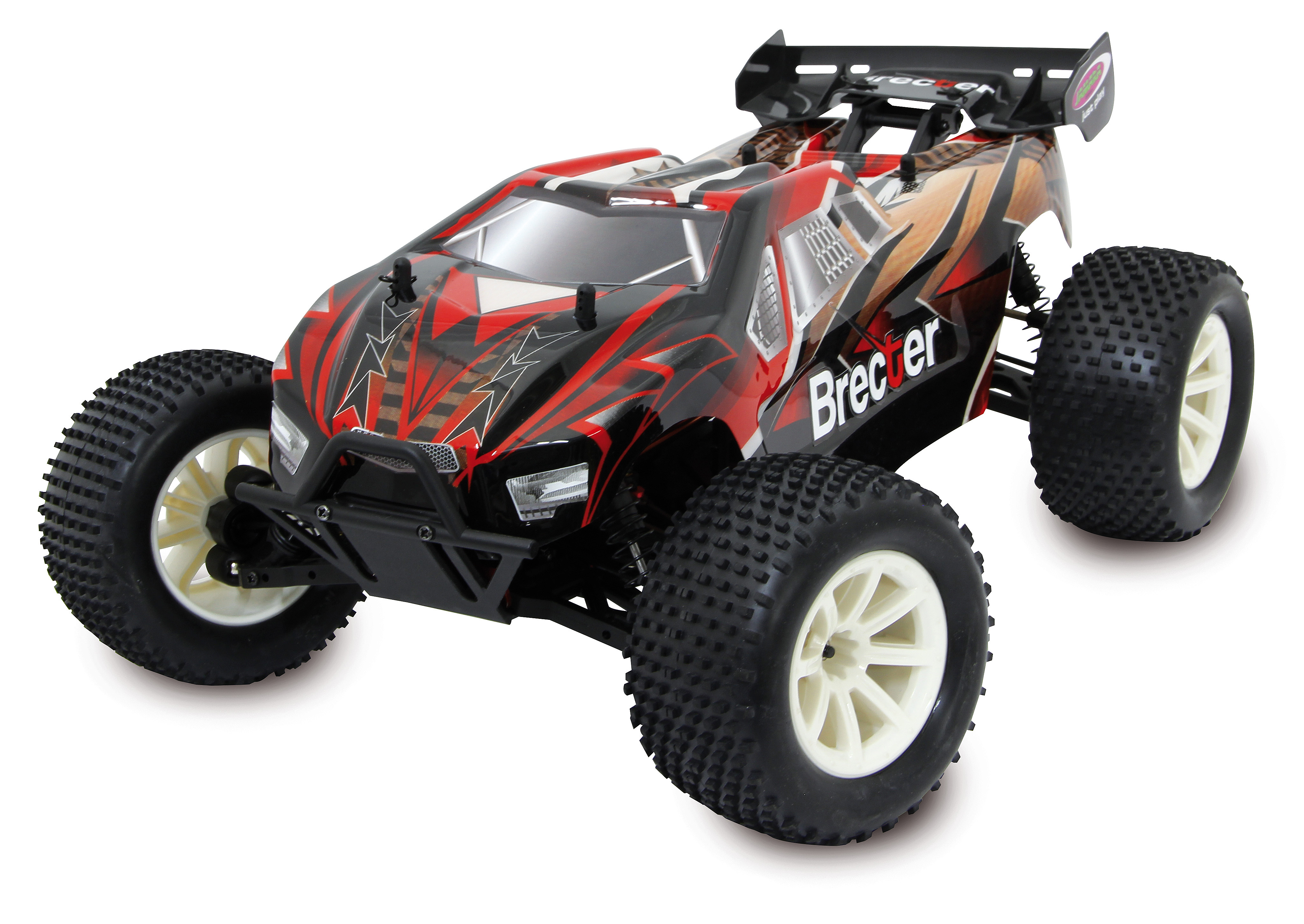Ein rot-schwarzes RC-Car mit großen Offroad-Reifen, nach vorne abgewinkelt.