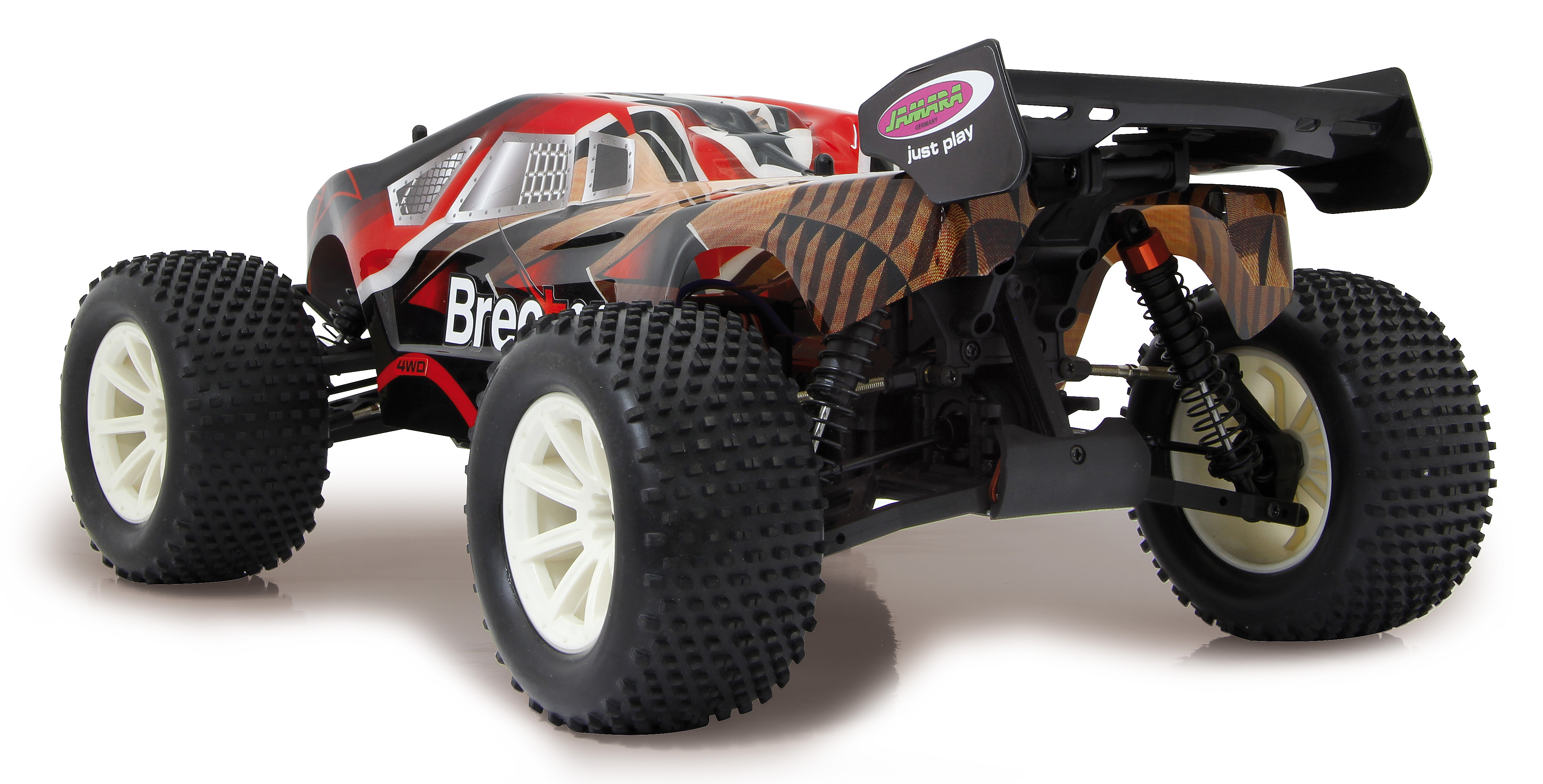 Ein rot-schwarzes RC-Car mit großen Offroad-Reifen, zur Seite abgewinkelt.