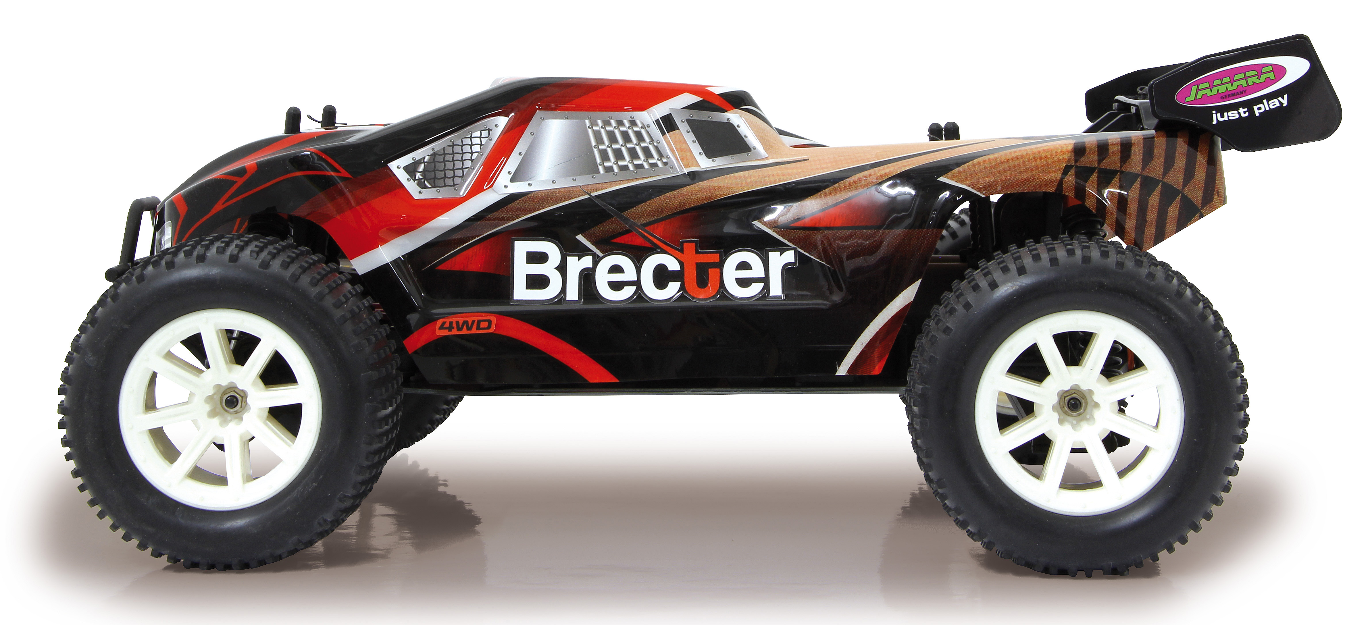 Ein rot-schwarzes RC-Car mit großen Offroad-Reifen, zur Seite abgewinkelt.