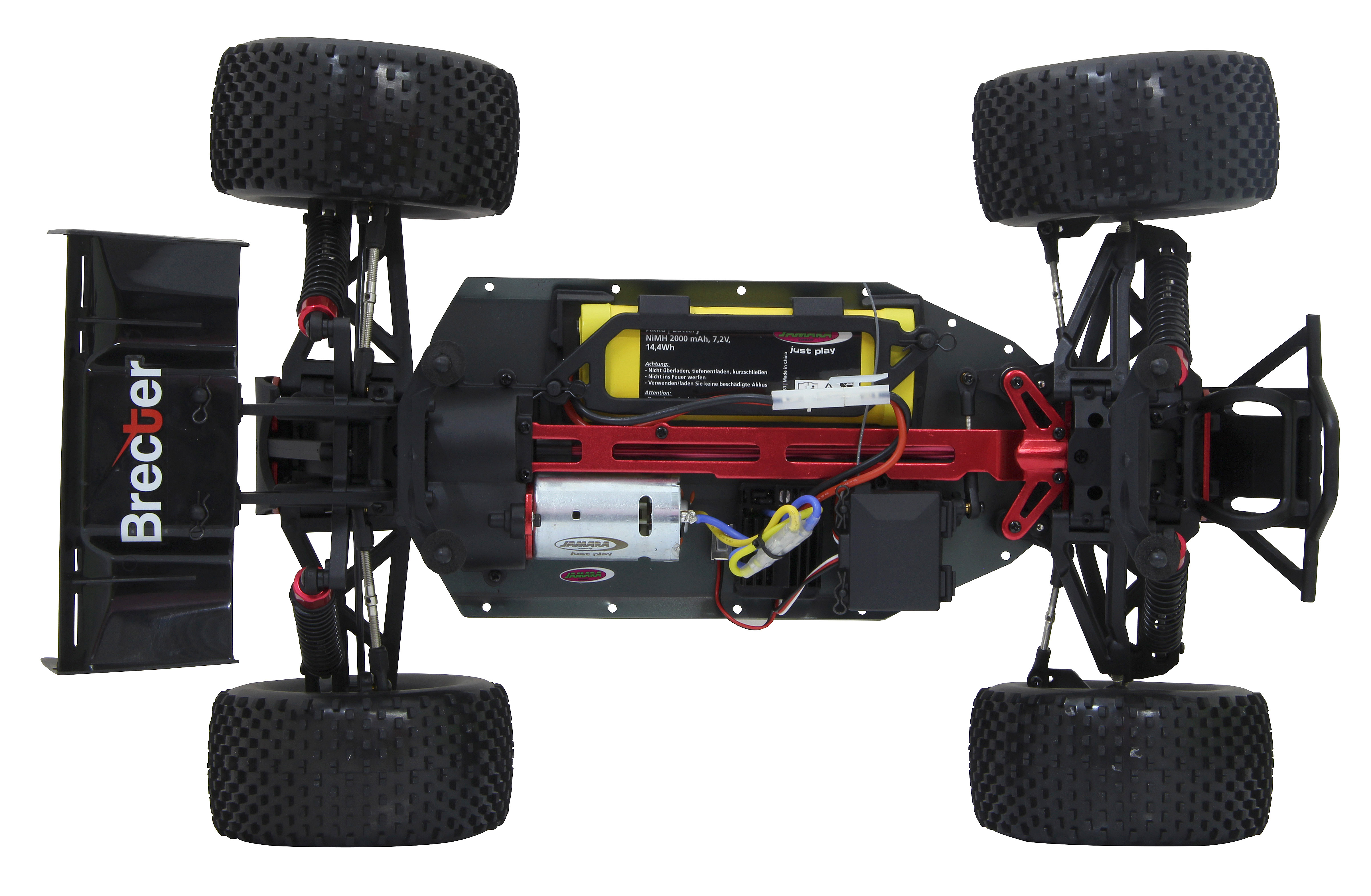 Die Unterseite eines rot-schwarzen RC-Cars, die die internen Komponenten und Reifen zeigt.