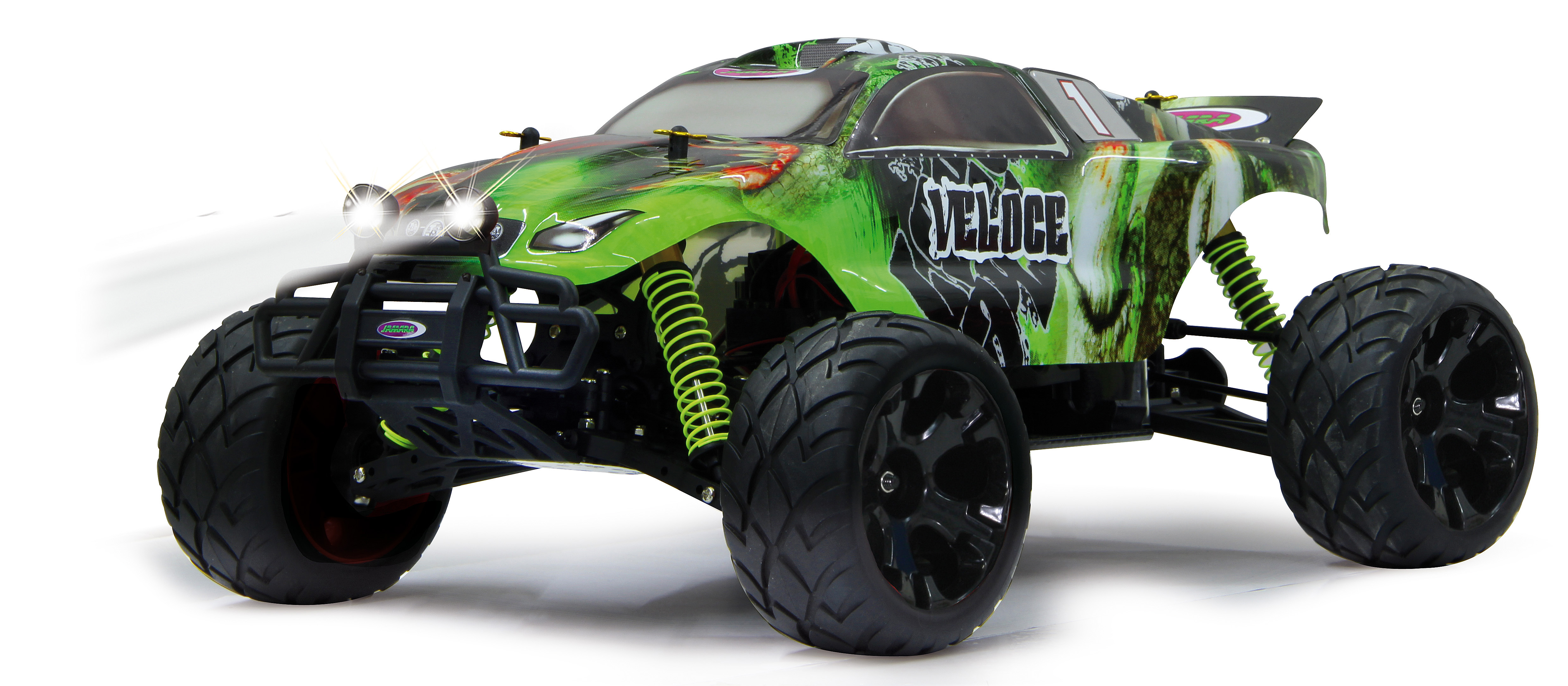 Ein grünes, schwarzes und weißes RC-Car mit eingeschalteten Scheinwerfern, nach vorne abgewinkelt.