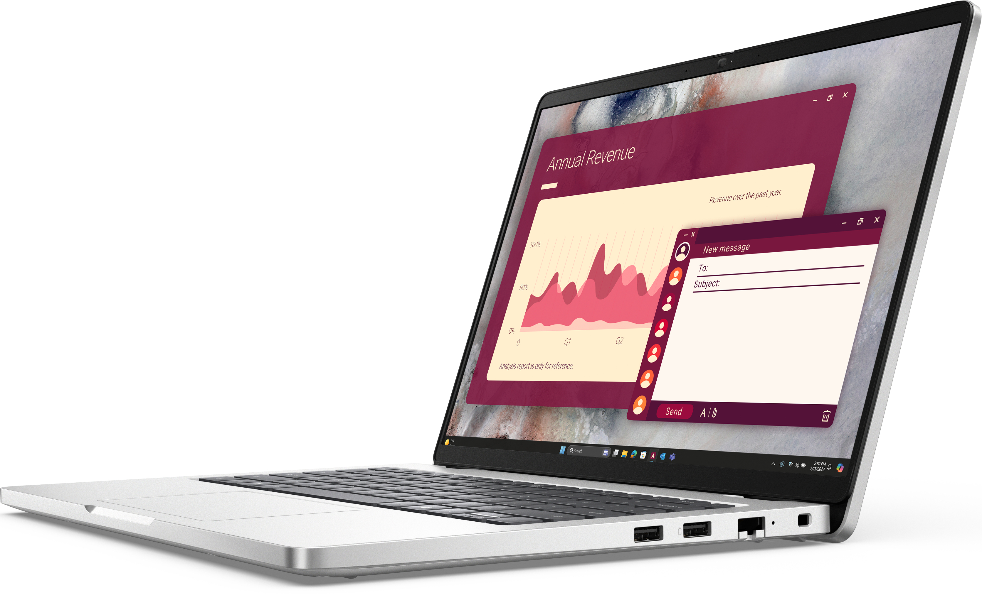 Laptop argentato con grafici e una finestra di posta elettronica. Lo schermo mostra un grafico dei ricavi annuali e una nuova e-mail.