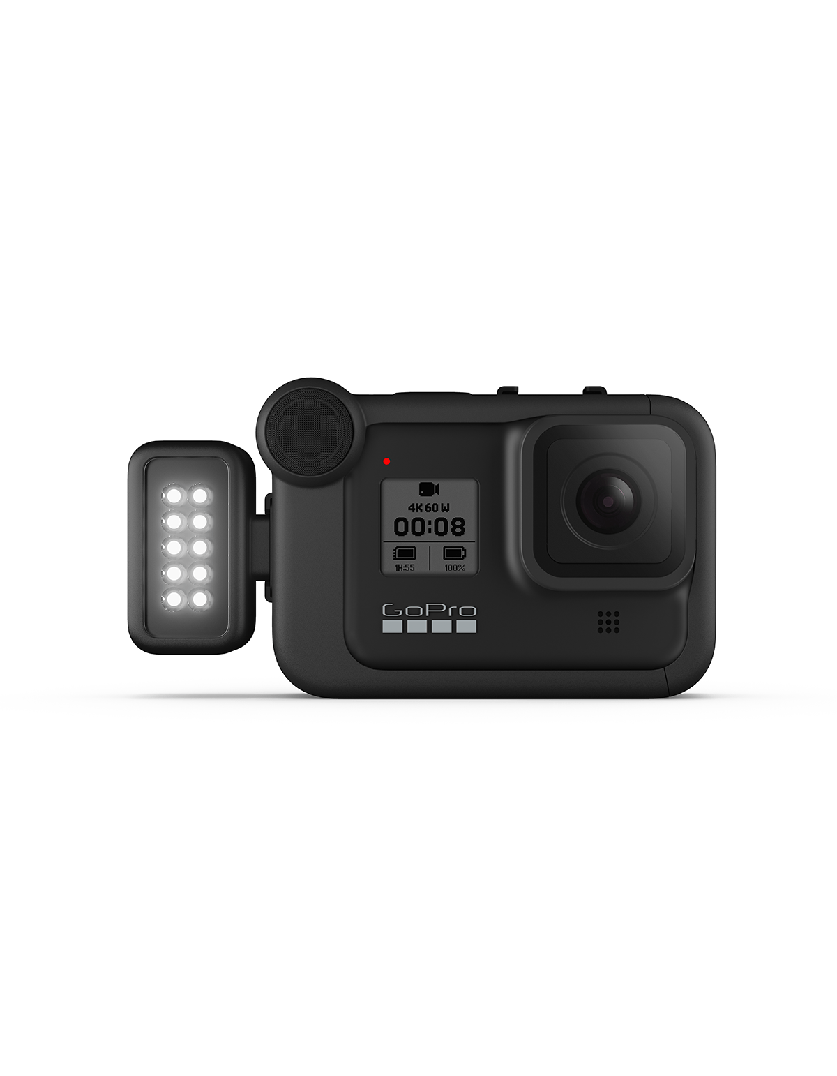 Una cámara GoPro negra con una luz adjunta en el lateral, la cámara está encendida y mostrando información.