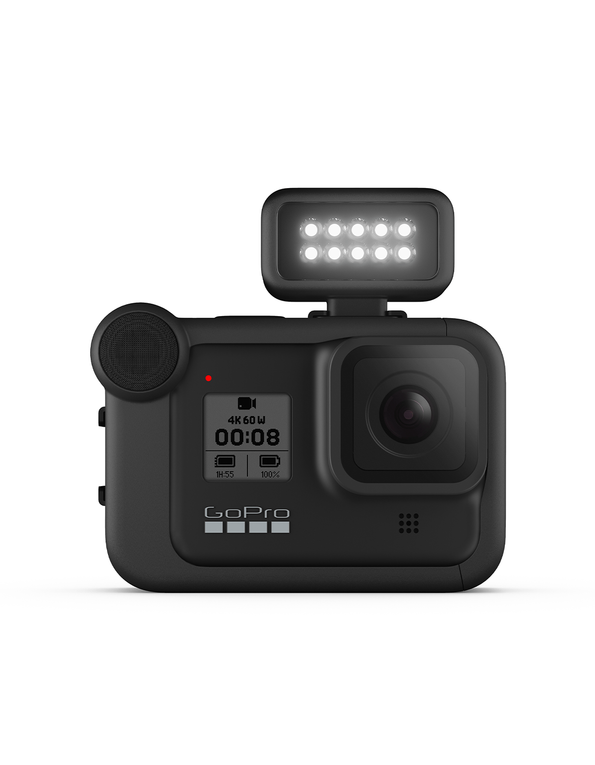 Una cámara GoPro negra con una luz adjunta en el lateral, la cámara está encendida y mostrando información.