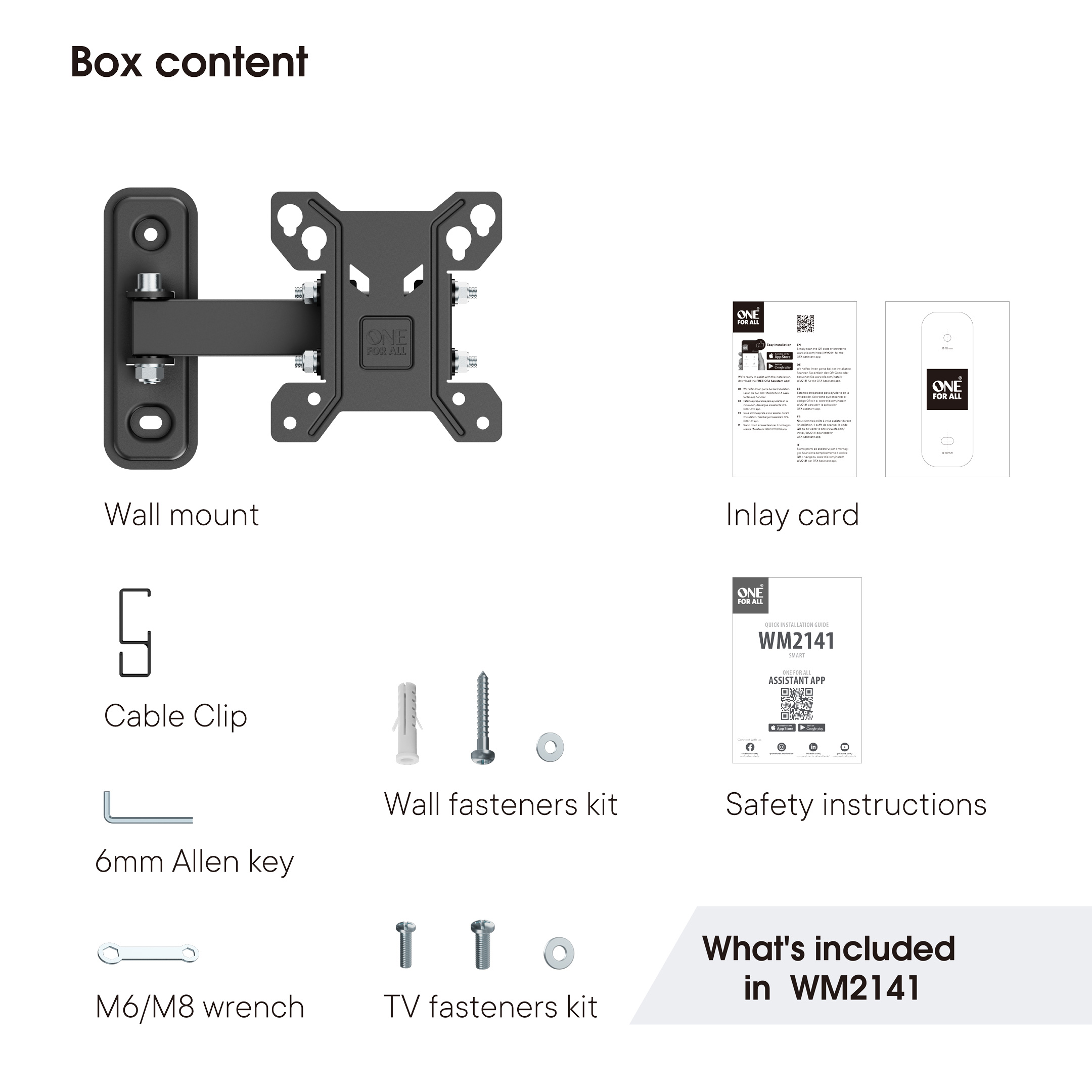 Diagram van een wandmontageset, inclusief een wandbeugel, schroeven en andere hardware, op een witte achtergrond.