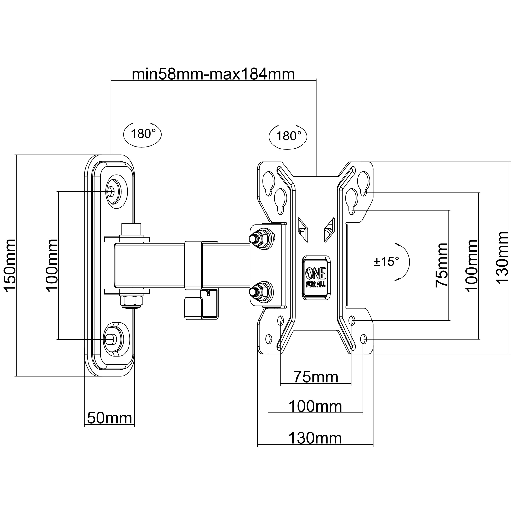 Een diagram van een tv-muurbevestiging, met afmetingen en hoeken aangegeven.