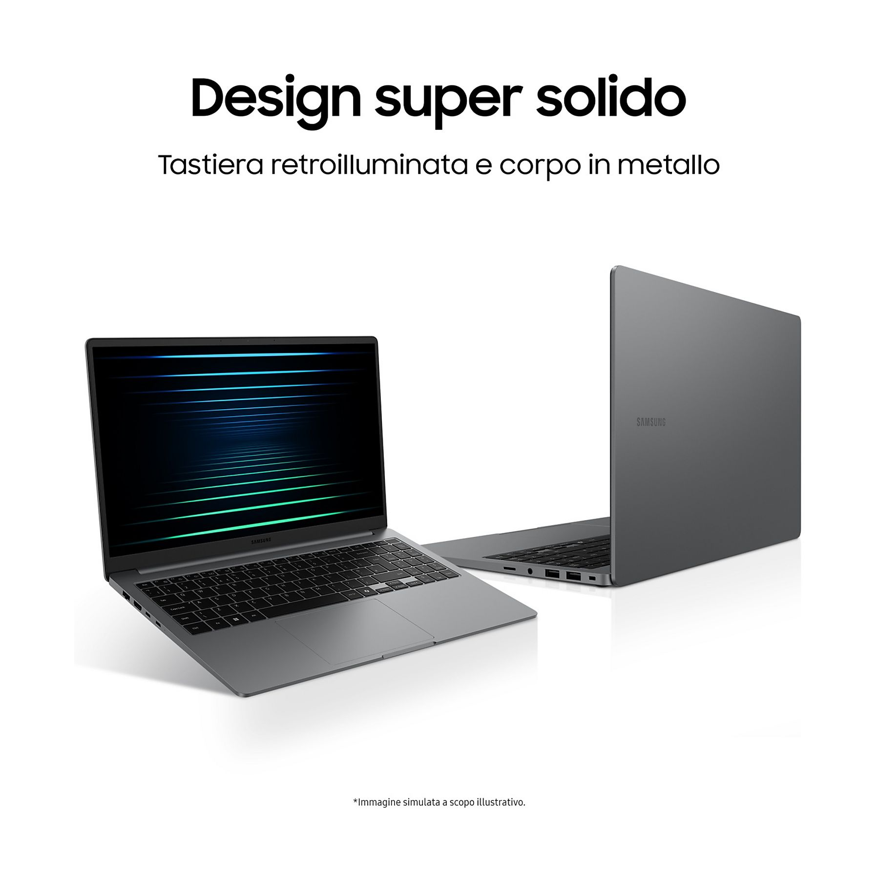 Zwei graue Laptops, die das Design zeigen. Einer ist geöffnet, der andere geschlossen. Beide haben beleuchtete Tastaturen.