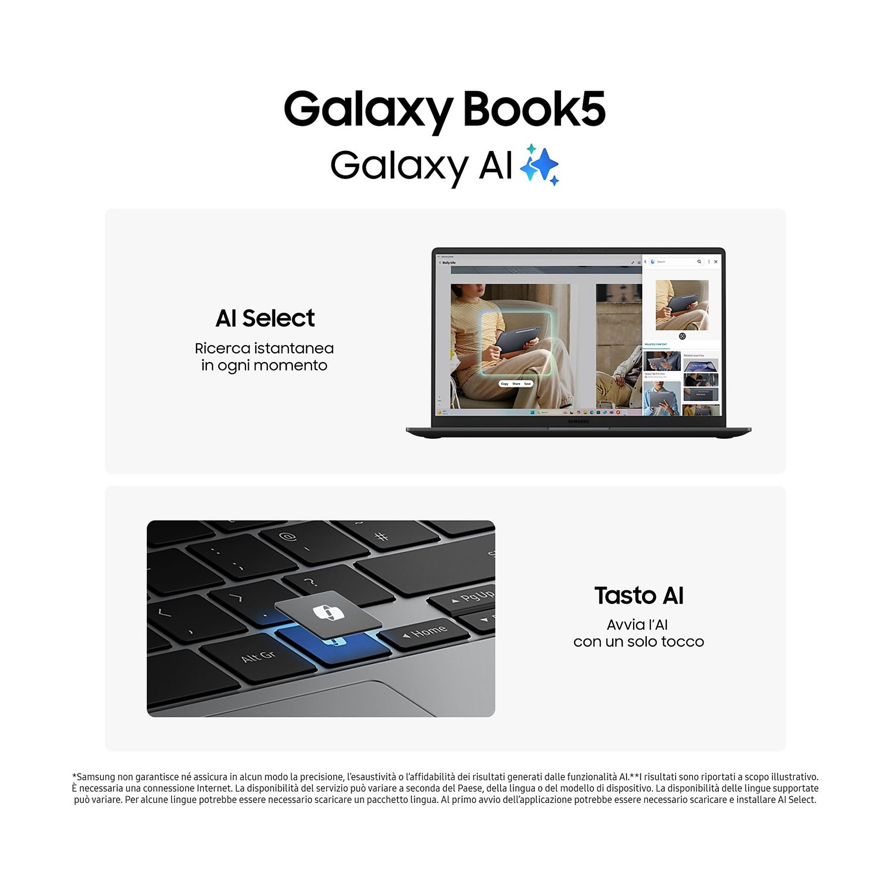 Ein Laptop mit Text und Bildern, die Galaxy Book5 und AI-Funktionen bewerben. Es hebt AI-Auswahl und AI-Taste hervor.